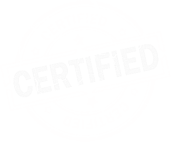 Round rubber stamp-style badge with the word CERTIFIED in bold capital letters across the center, surrounded by stars and the word CERTIFIED curved along the top and bottom edges.