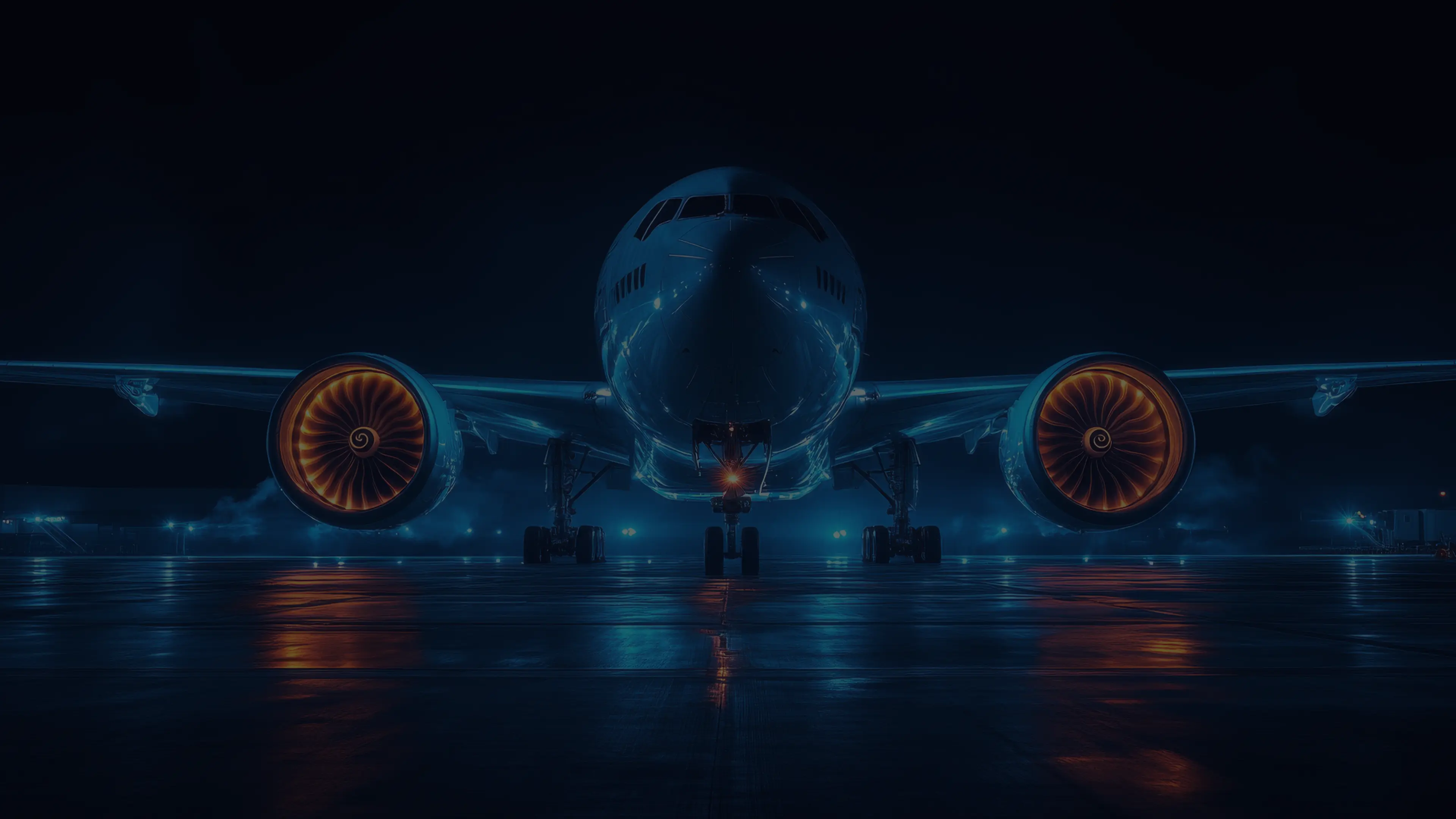Front view of a large commercial airplane on a runway at night with illuminated jet engines and reflections on wet pavement.