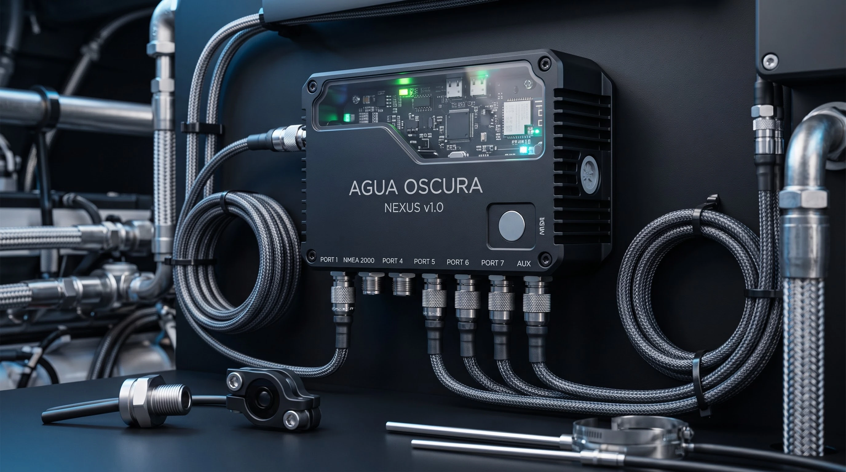 Black electronic device labeled 'AGUA OSCURA NEXUS v1.0' mounted on a black panel with multiple braided metal cables connected to ports labeled PORT 1, NMEA 2000, PORT 4, PORT 5, PORT 6, PORT 7, and AUX, featuring visible circuit board and glowing LED indicators inside a transparent section.