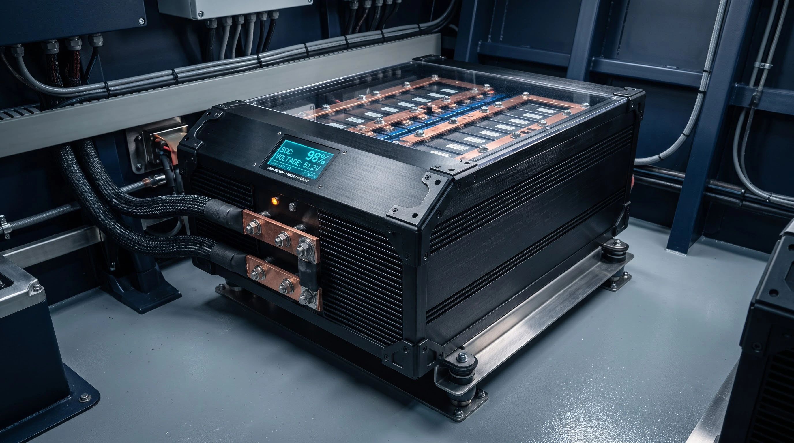 A high-capacity lithium battery pack installed in a clean industrial environment, showing a digital display with 98% state of charge and 51.2V voltage, connected with thick insulated cables and copper busbars visible through a transparent cover.
