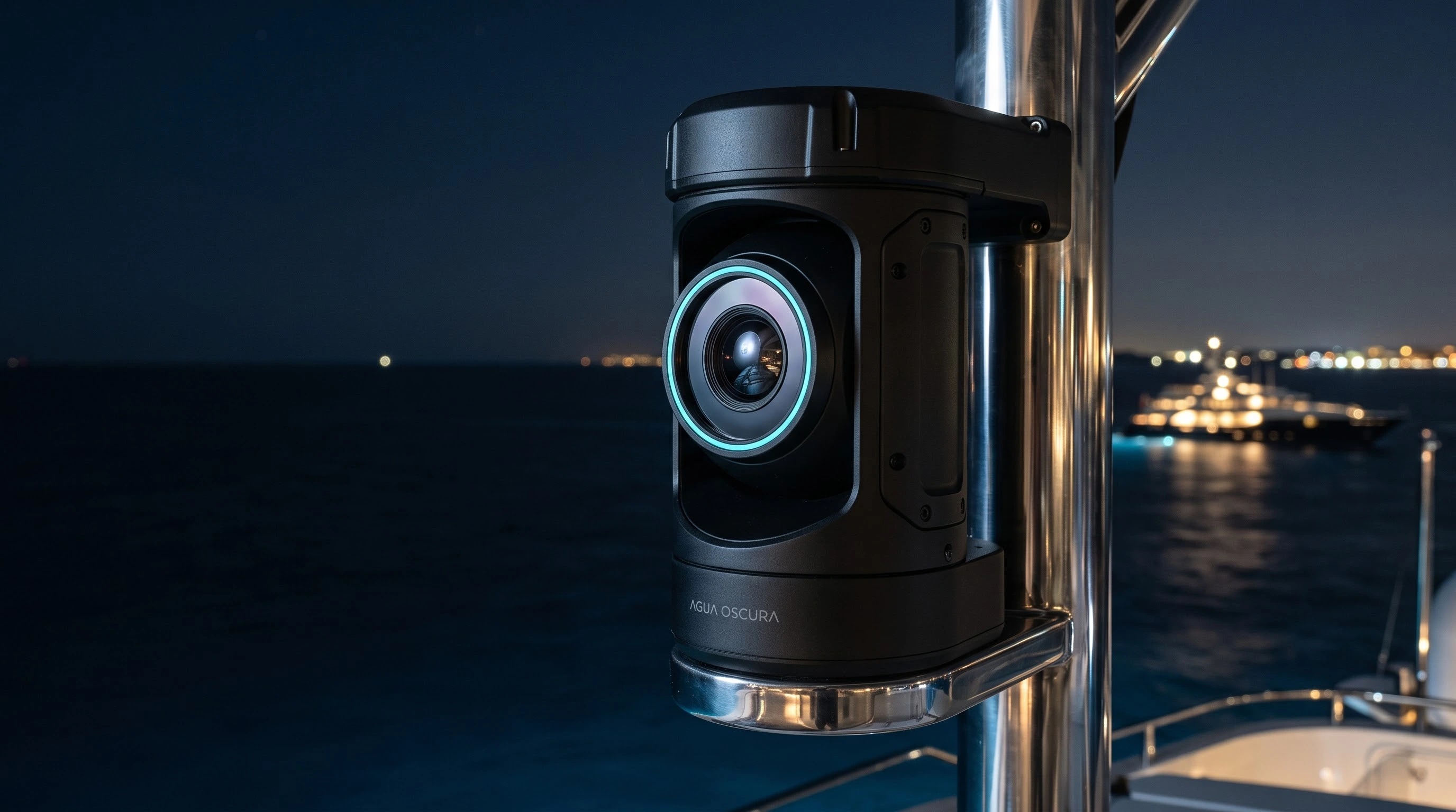 Close-up of a black Agua Oscura camera mounted on a polished metal pole on a boat at night with a blurred illuminated yacht and city lights in the background over dark water.
