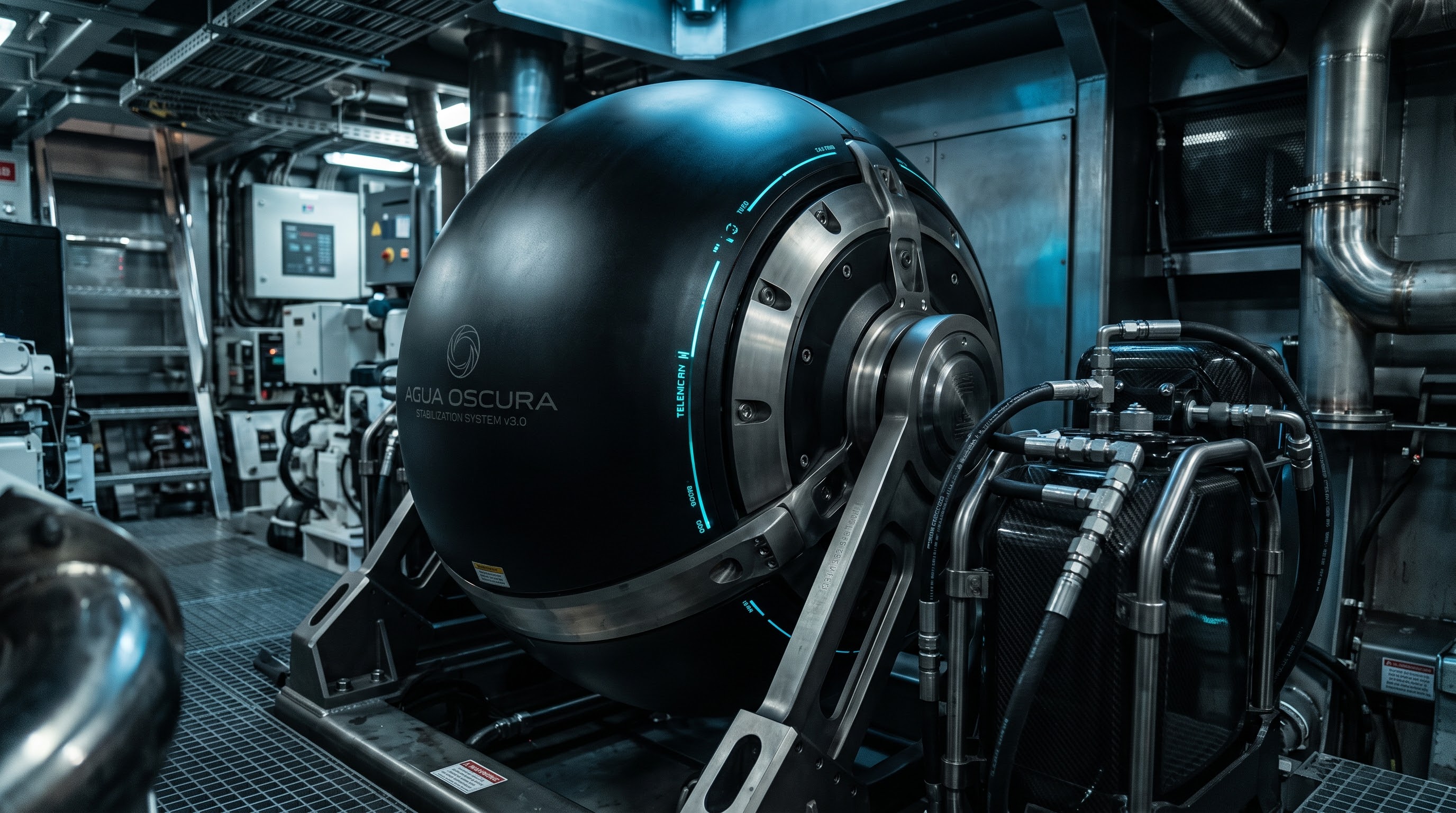 Large black spherical mechanical component labeled 'Agua Oscura Stabilization System v3.0' mounted on metal supports inside an industrial room with complex metal piping, control panels, and machinery.