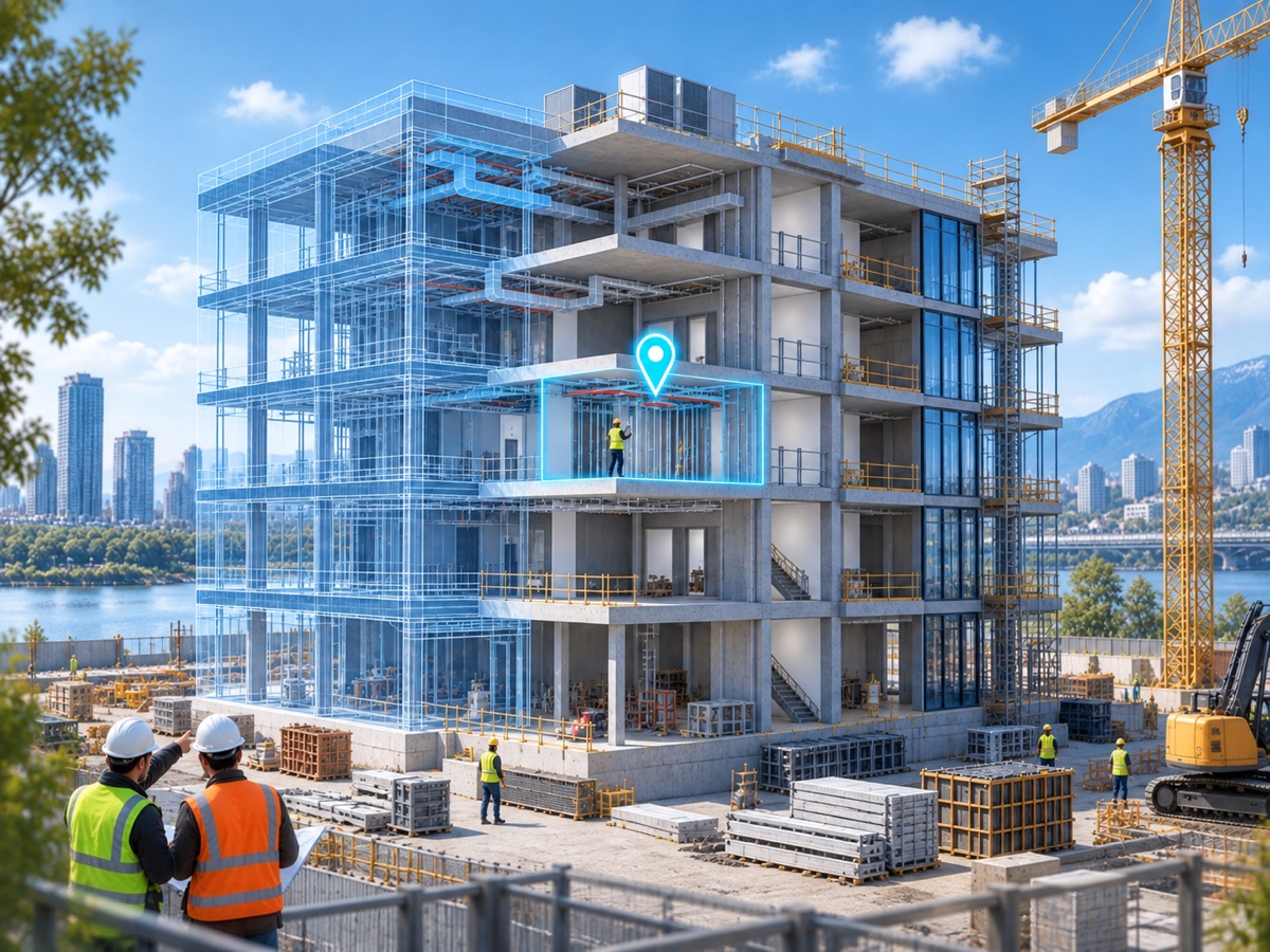 BIM-épületmodell cián helyszínjelölővel, amely egy kivitelezési feladat modellhez kapcsolt helyét szemlélteti.