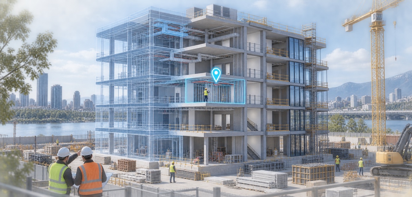 Cutaway BIM building model with a cyan location marker illustrating where a construction task is linked to the model.