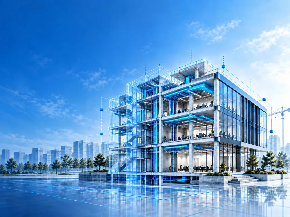 Cutaway BIM building model showing structural layers and coordinated building services.