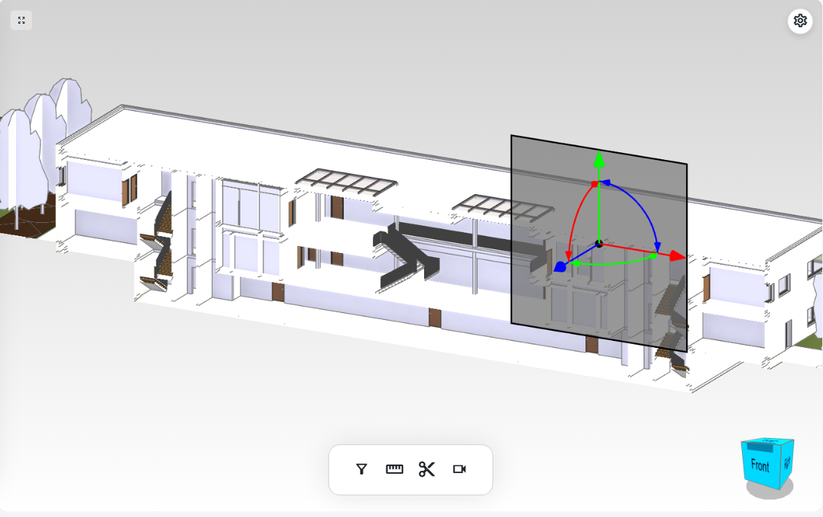 An adjustable section plane reveals interior spaces in the demonstration building's IFC model.