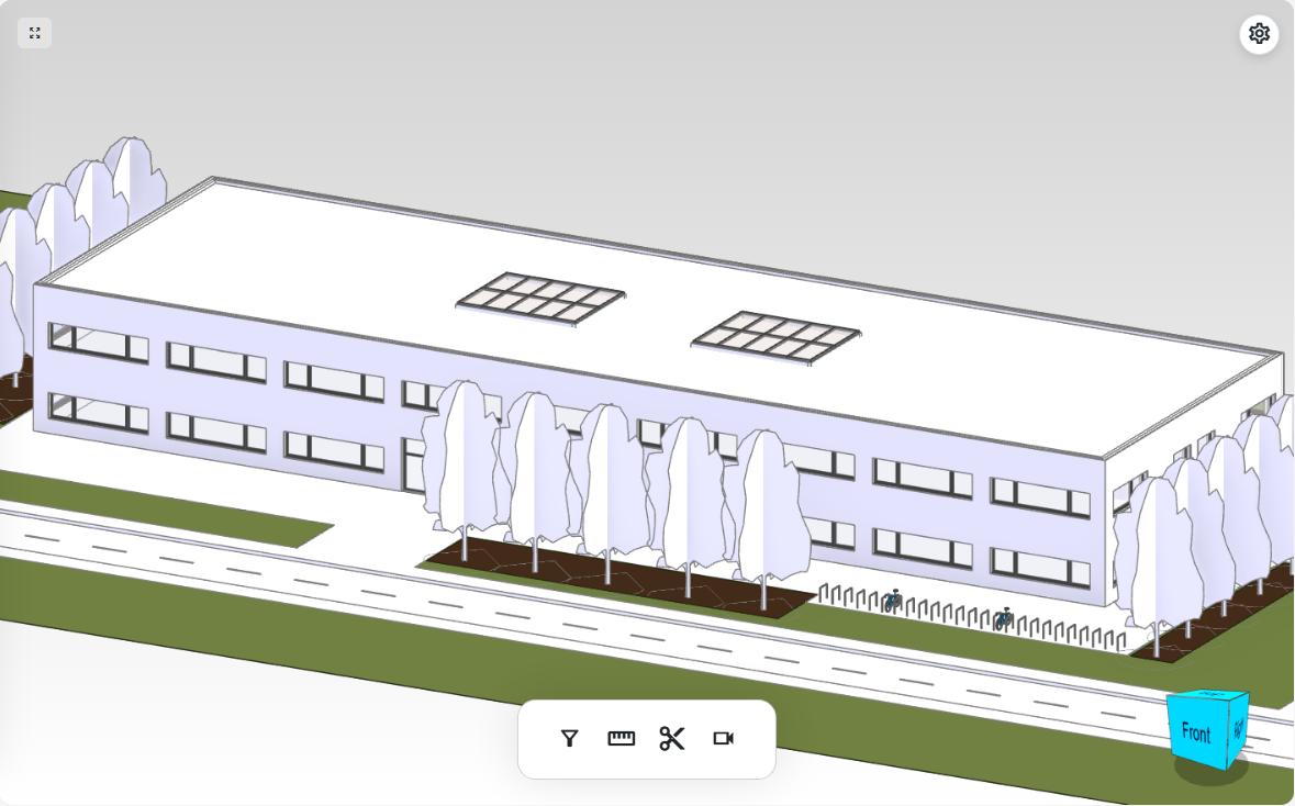 Exterior 3D view of a demonstration building's IFC model in the myPlan.cloud viewer.