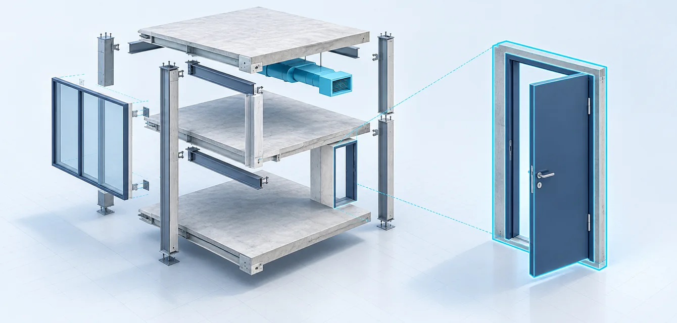 Exploded BIM building elements and a door highlighted with a cyan outline, illustrating IFC model element inspection.