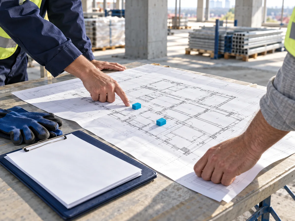 Construction professionals coordinate site tasks using a floor plan in an unfinished building. Conceptual illustration.
