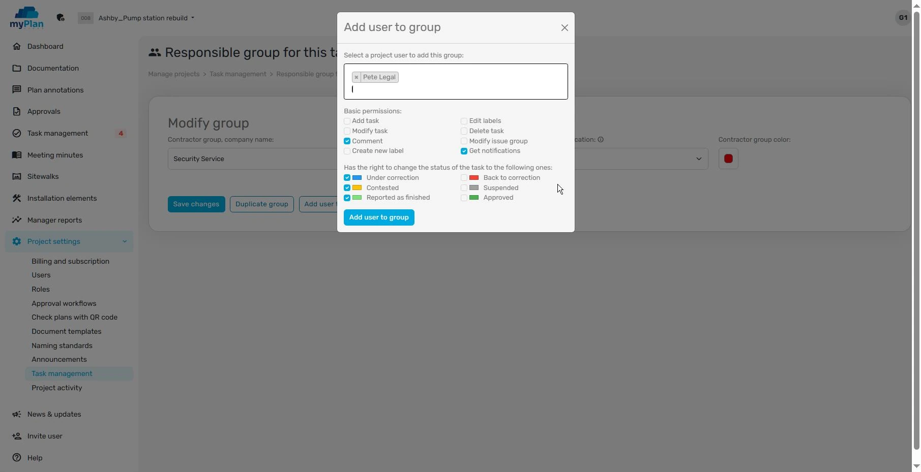Adding a user to a responsible group and selecting task actions and status change permissions in the English myPlan.cloud interface.