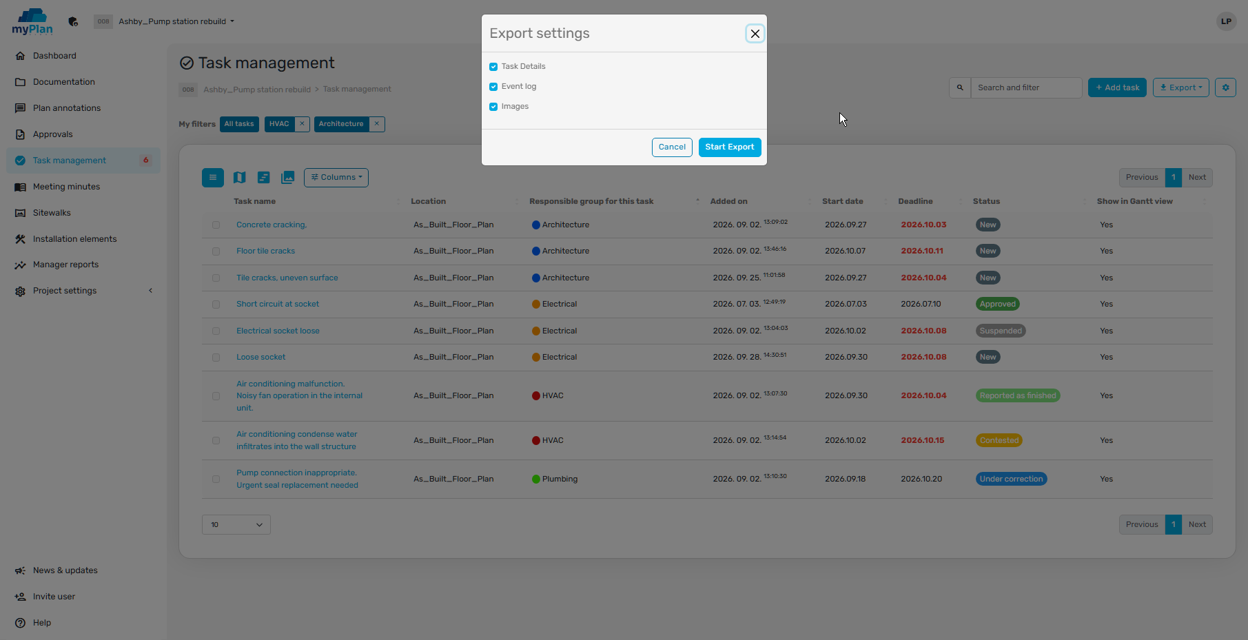 The English myPlan.cloud PDF export settings with options for task data, the event log and images.