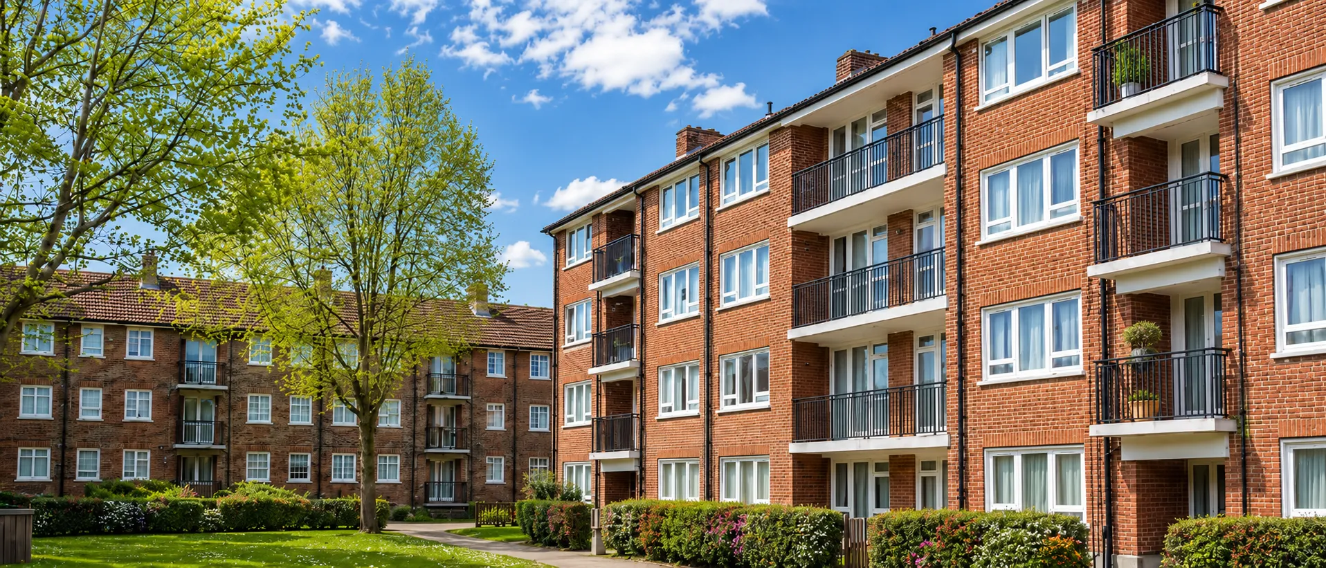 Red-brick council flats with balconies and landscaped gardens on a sunny day