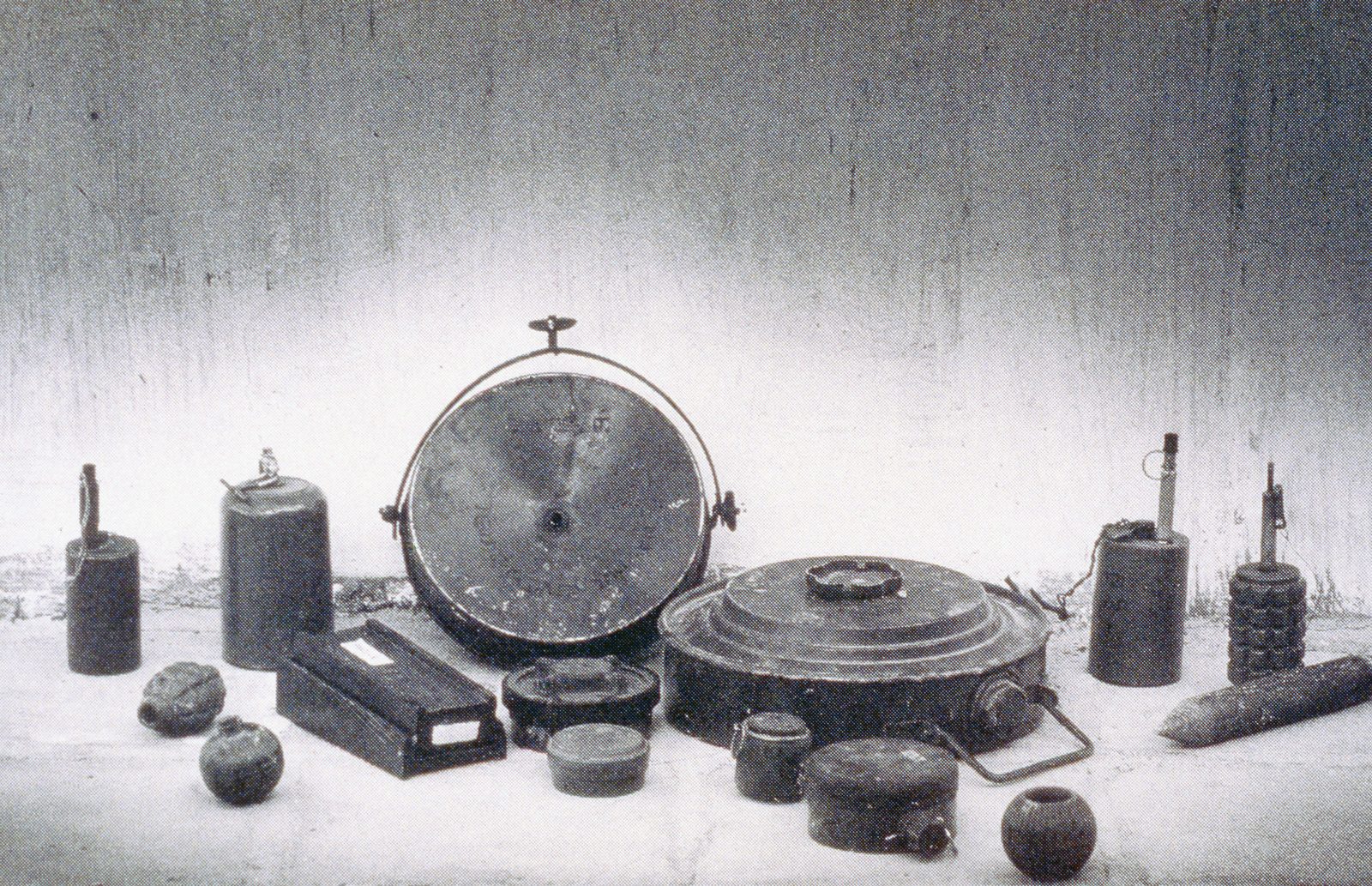 Anti-personnel mines laid out for identification, north-west Cambodia, 1993