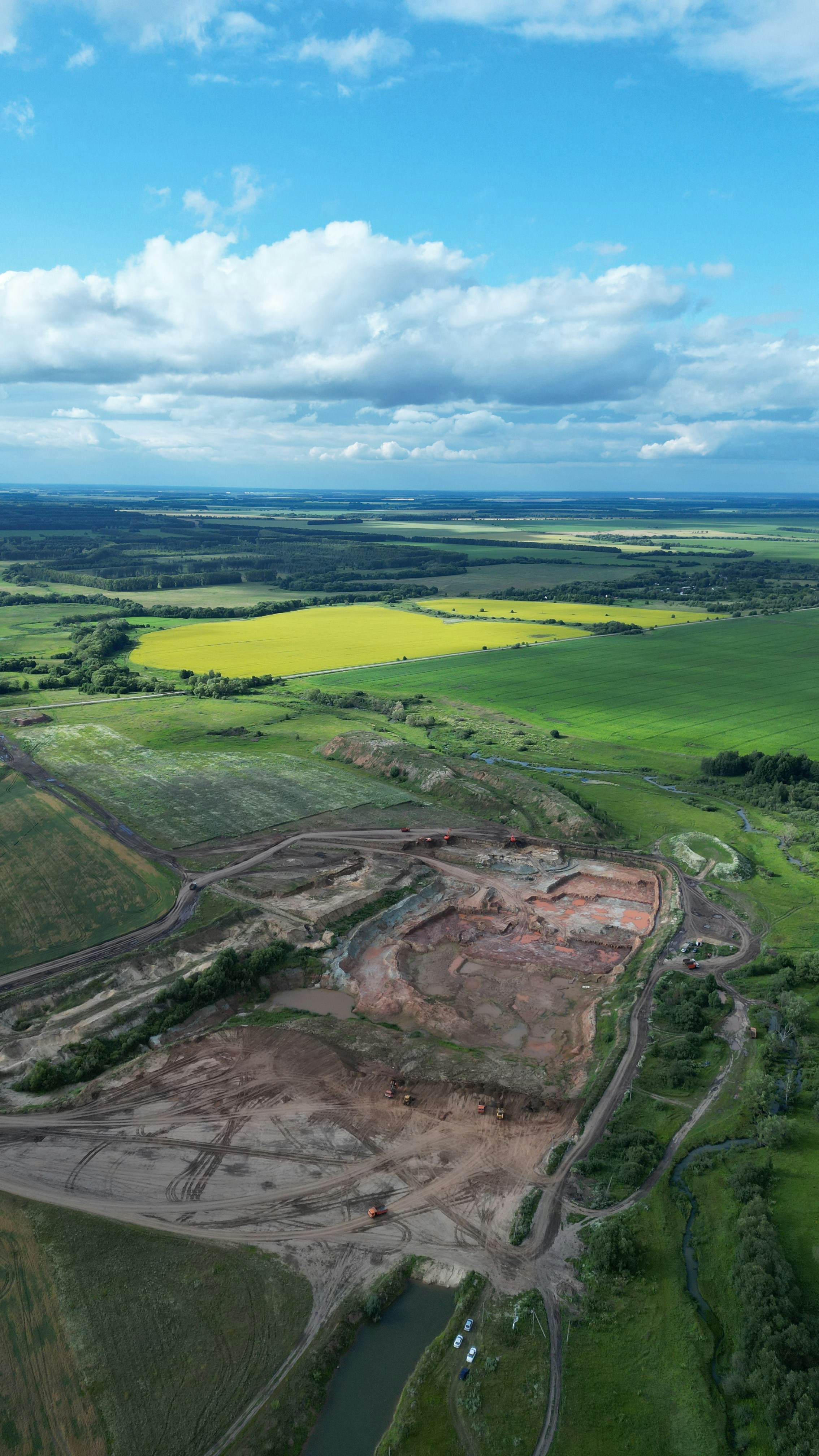 Aerial view of farmland and a village
