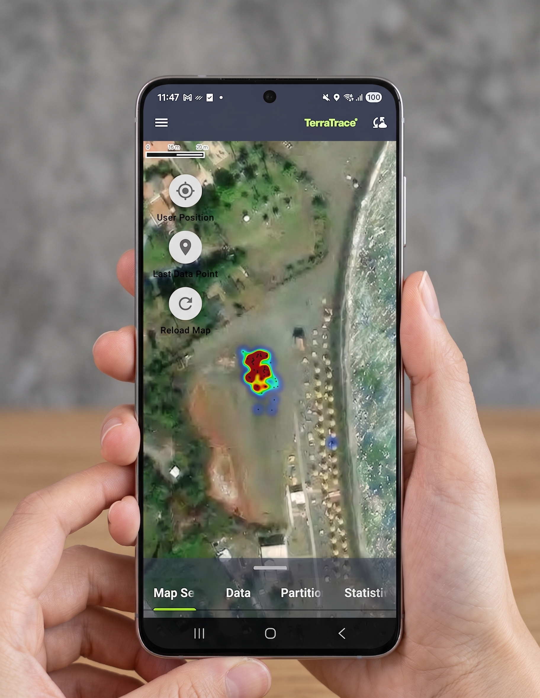 The TerraTrace app showing a methane hotspot map on a survey site