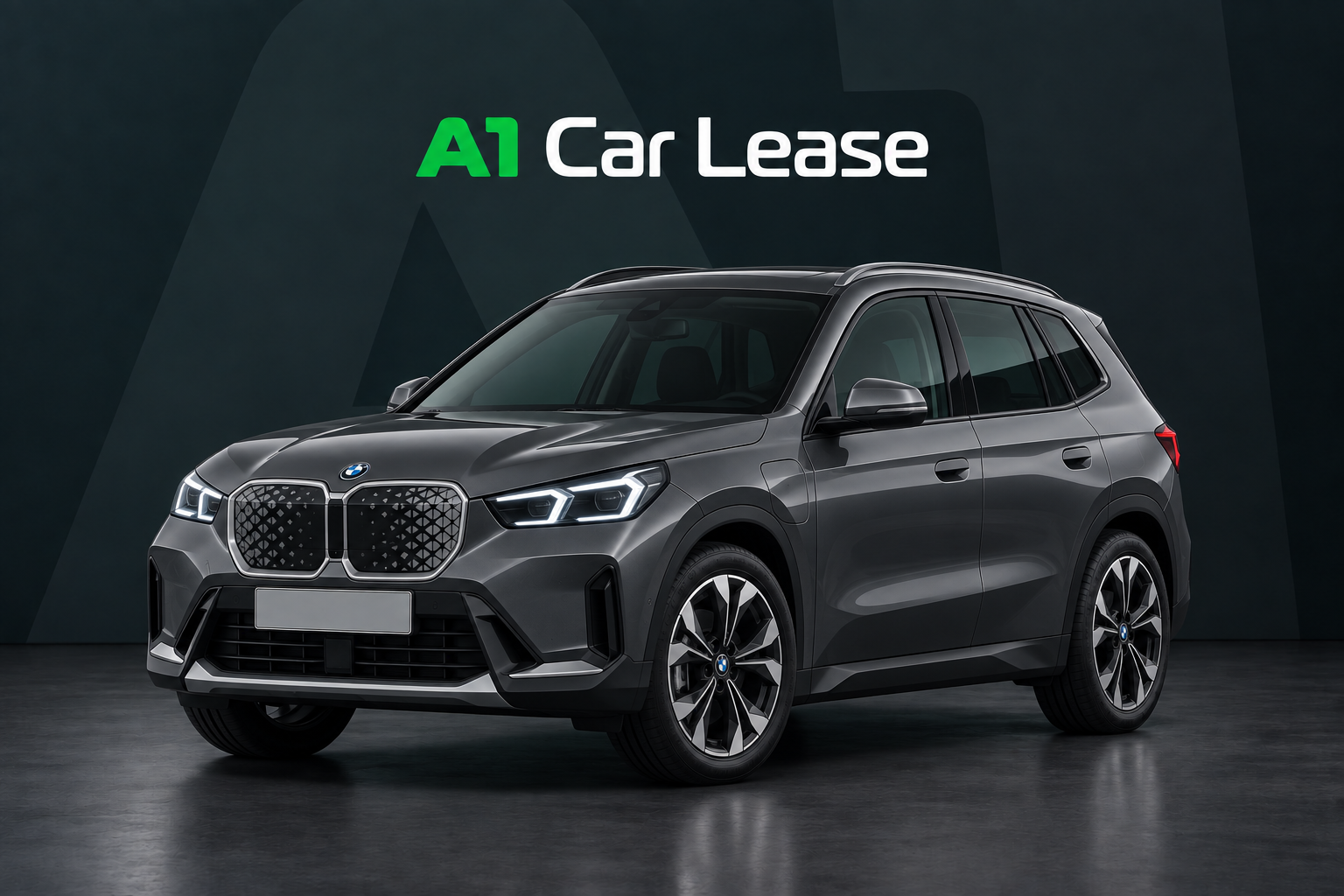 Bmw Ix1 Edrive20 Pure Edition, schuin van voren op A1 Car Lease-achtergrond