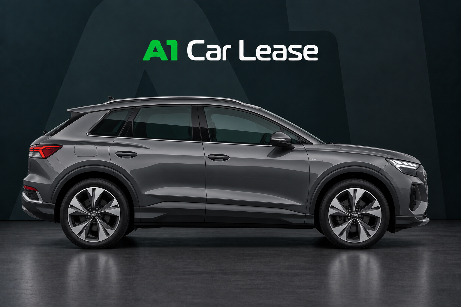 Audi Q4 E Tron 40 Edition, schuin van voren op A1 Car Lease-achtergrond