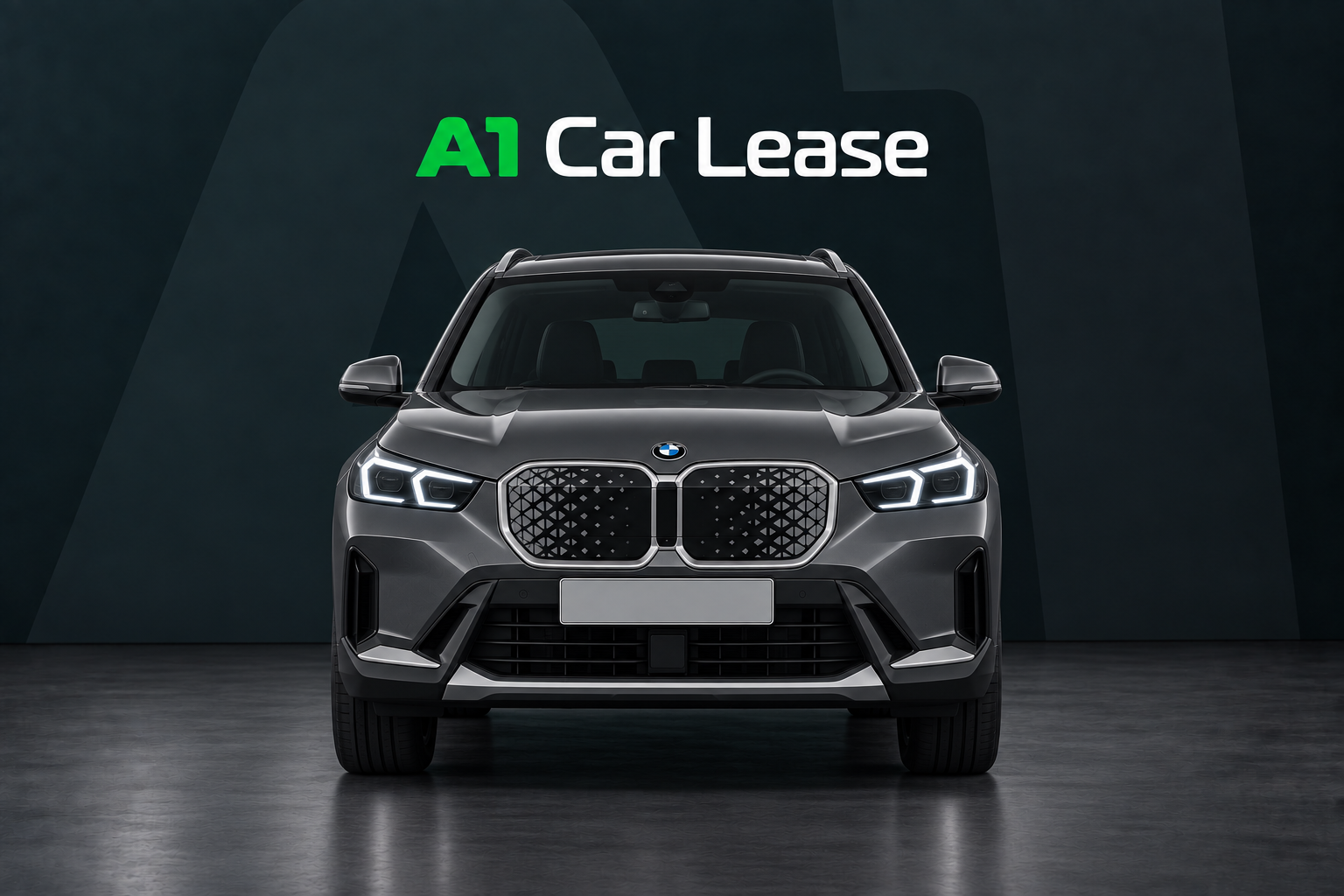 Bmw Ix1 Edrive20 Pure Edition, schuin van voren op A1 Car Lease-achtergrond