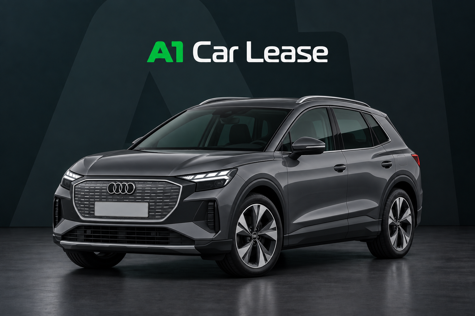 Audi Q4 E Tron 40 Edition, schuin van voren op A1 Car Lease-achtergrond
