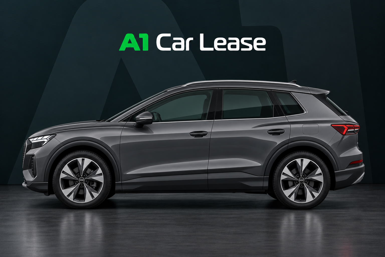 Audi Q4 E Tron 40 Edition, schuin van voren op A1 Car Lease-achtergrond