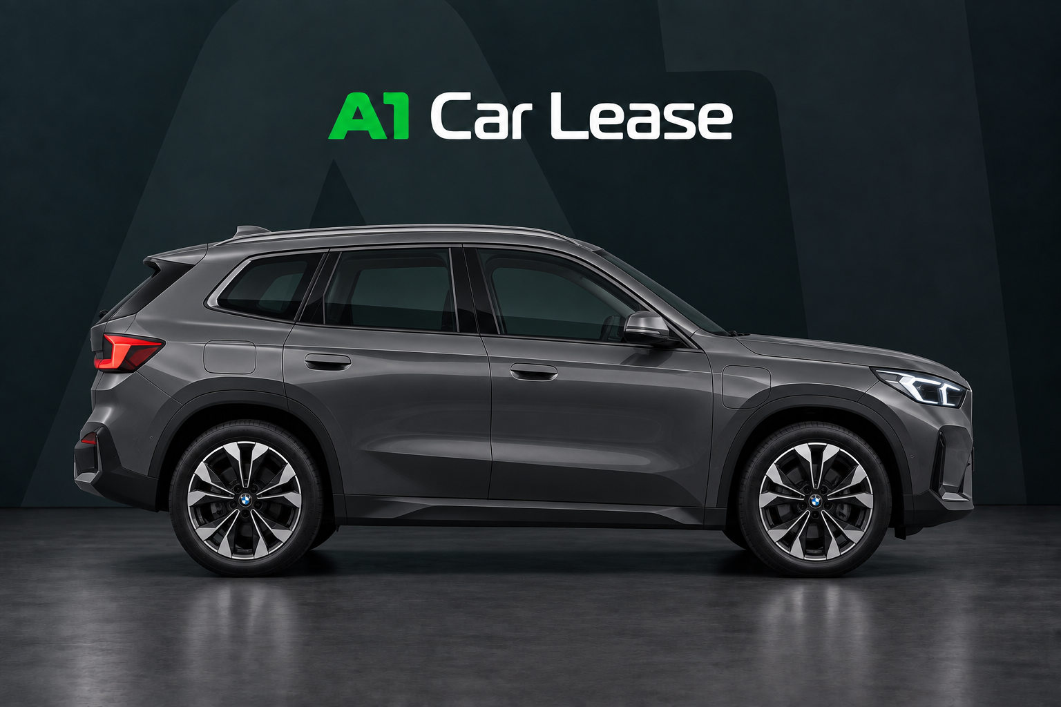 Bmw Ix1 Edrive20 Pure Edition, schuin van voren op A1 Car Lease-achtergrond