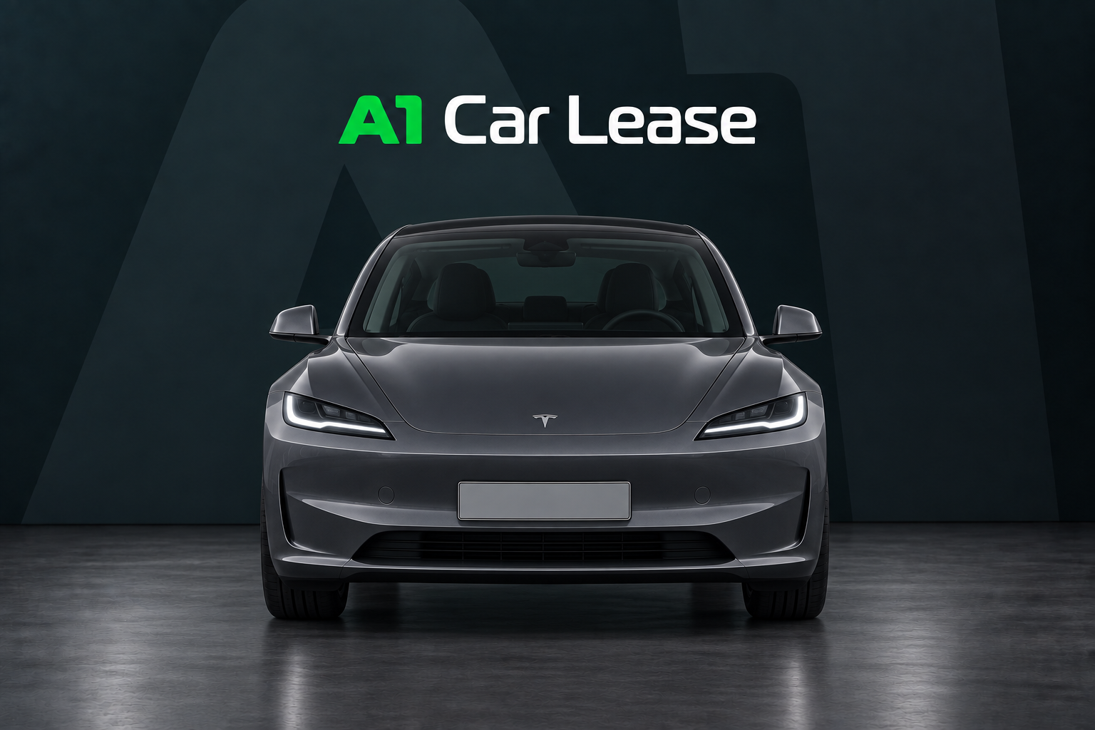 Tesla Model 3 Achterwielaandrijving, schuin van voren op A1 Car Lease-achtergrond