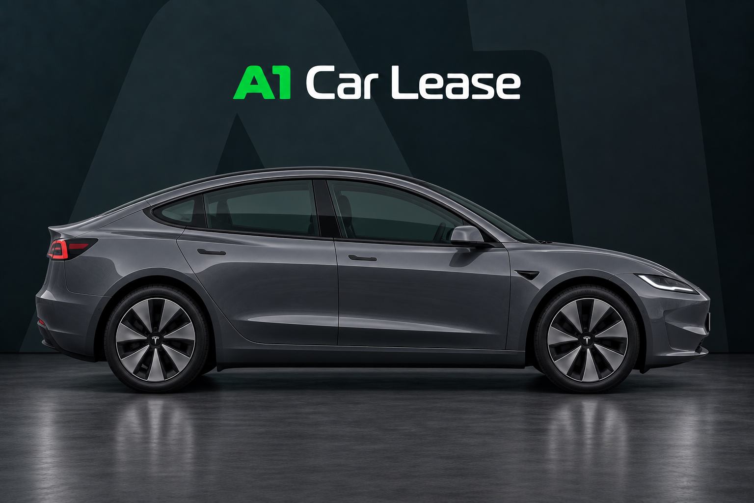 Tesla Model 3 Achterwielaandrijving, schuin van voren op A1 Car Lease-achtergrond