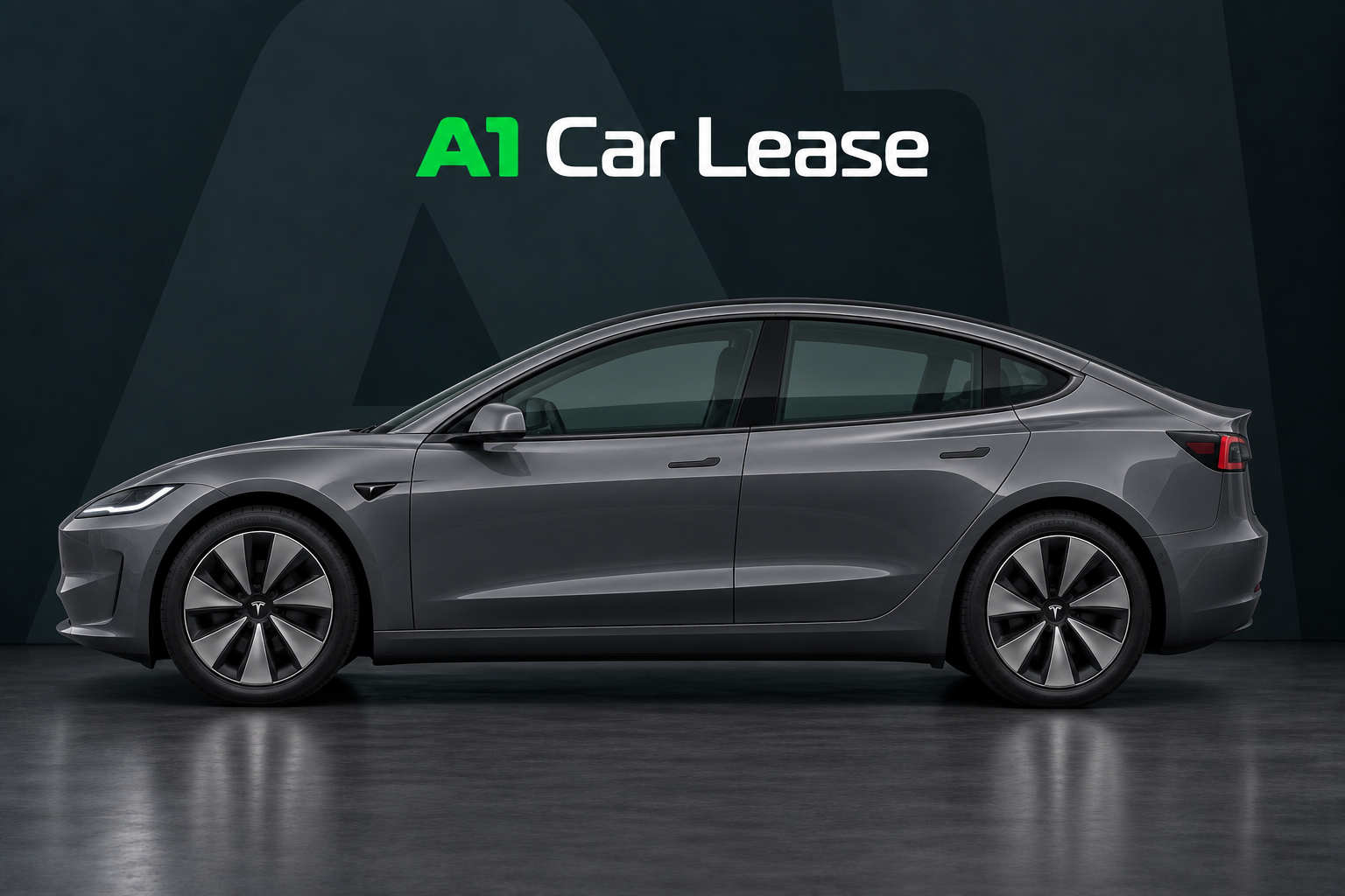 Tesla Model 3 Achterwielaandrijving, schuin van voren op A1 Car Lease-achtergrond