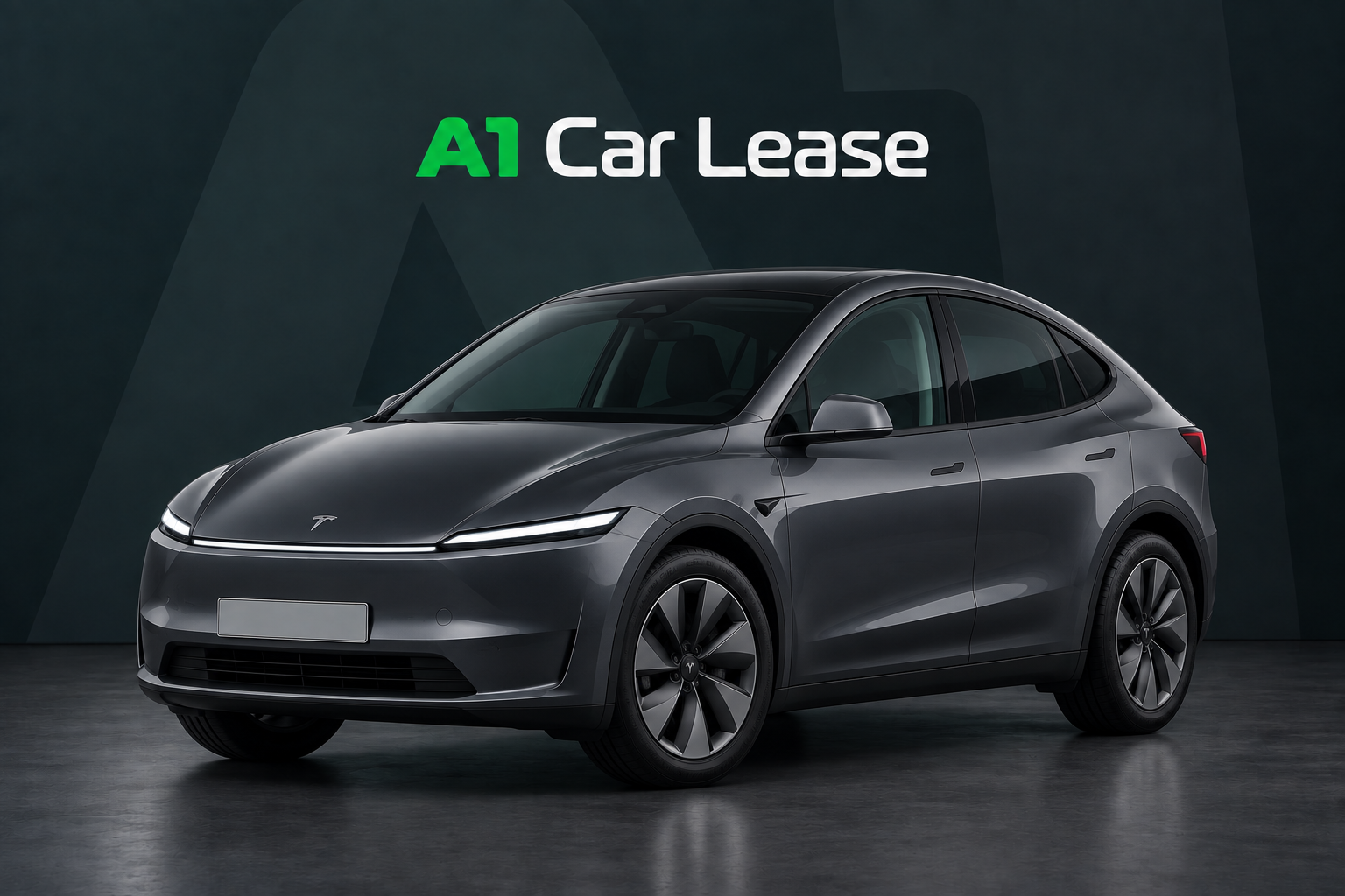 Tesla Model Y Achterwielaandrijving, schuin van voren op A1 Car Lease-achtergrond