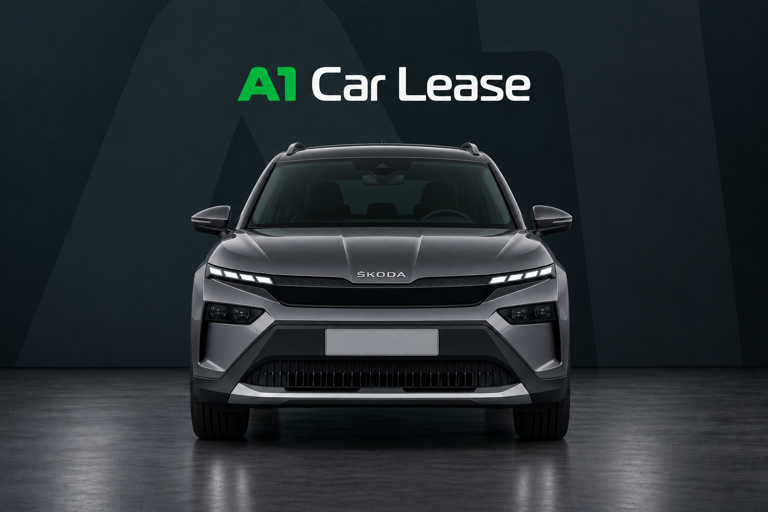 Skoda Elroq 60 Selection, schuin van voren op A1 Car Lease-achtergrond