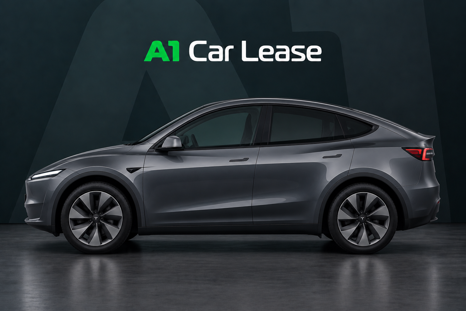 Tesla Model Y Achterwielaandrijving, schuin van voren op A1 Car Lease-achtergrond