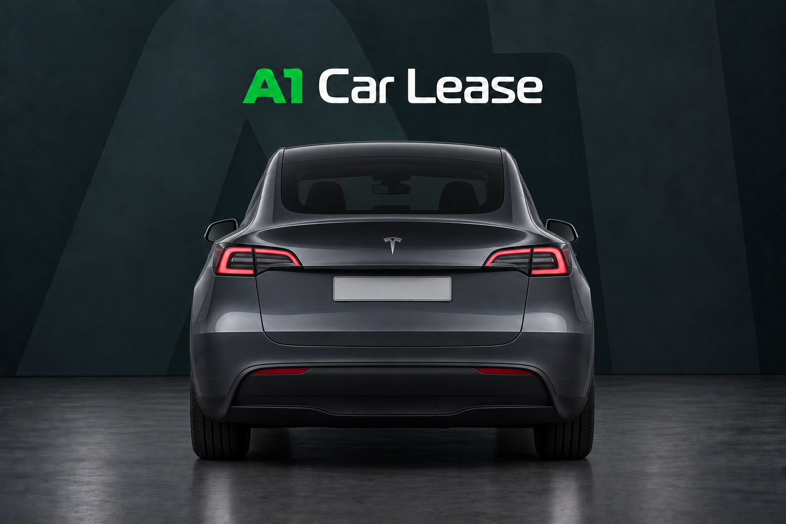 Tesla Model Y Achterwielaandrijving, schuin van voren op A1 Car Lease-achtergrond