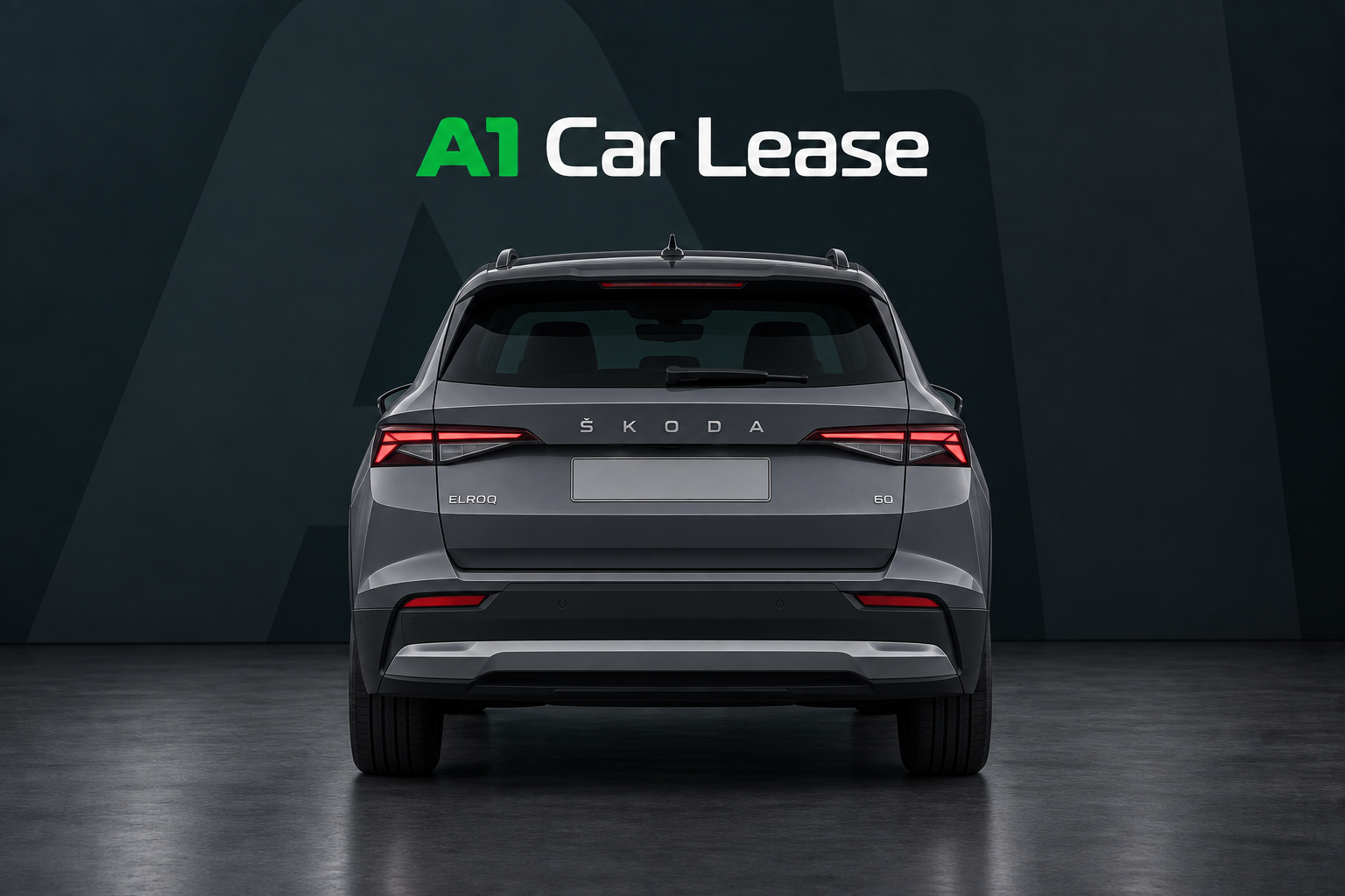 Skoda Elroq 60 Selection, schuin van voren op A1 Car Lease-achtergrond