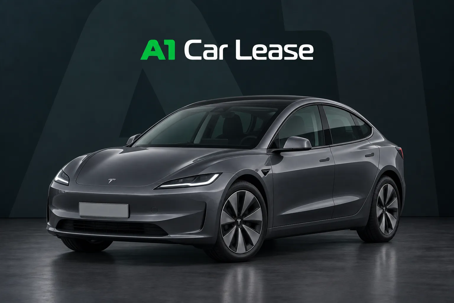 Tesla Model 3 Achterwielaandrijving, schuin van voren op A1 Car Lease-achtergrond