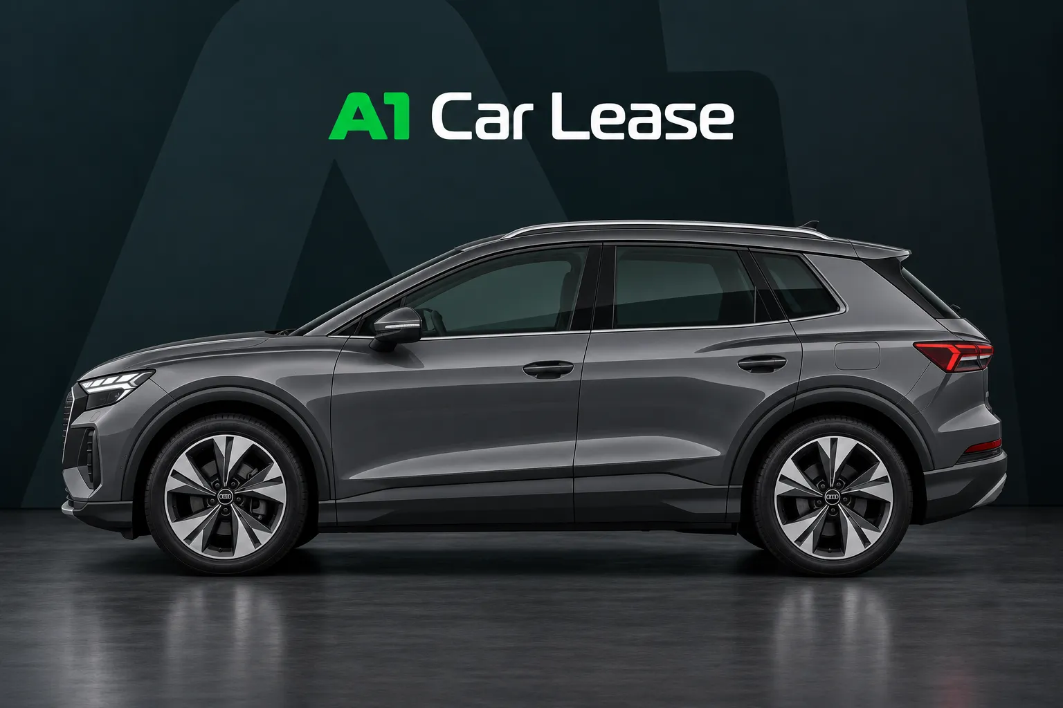 Audi Q4 E Tron 40 Edition, schuin van voren op A1 Car Lease-achtergrond