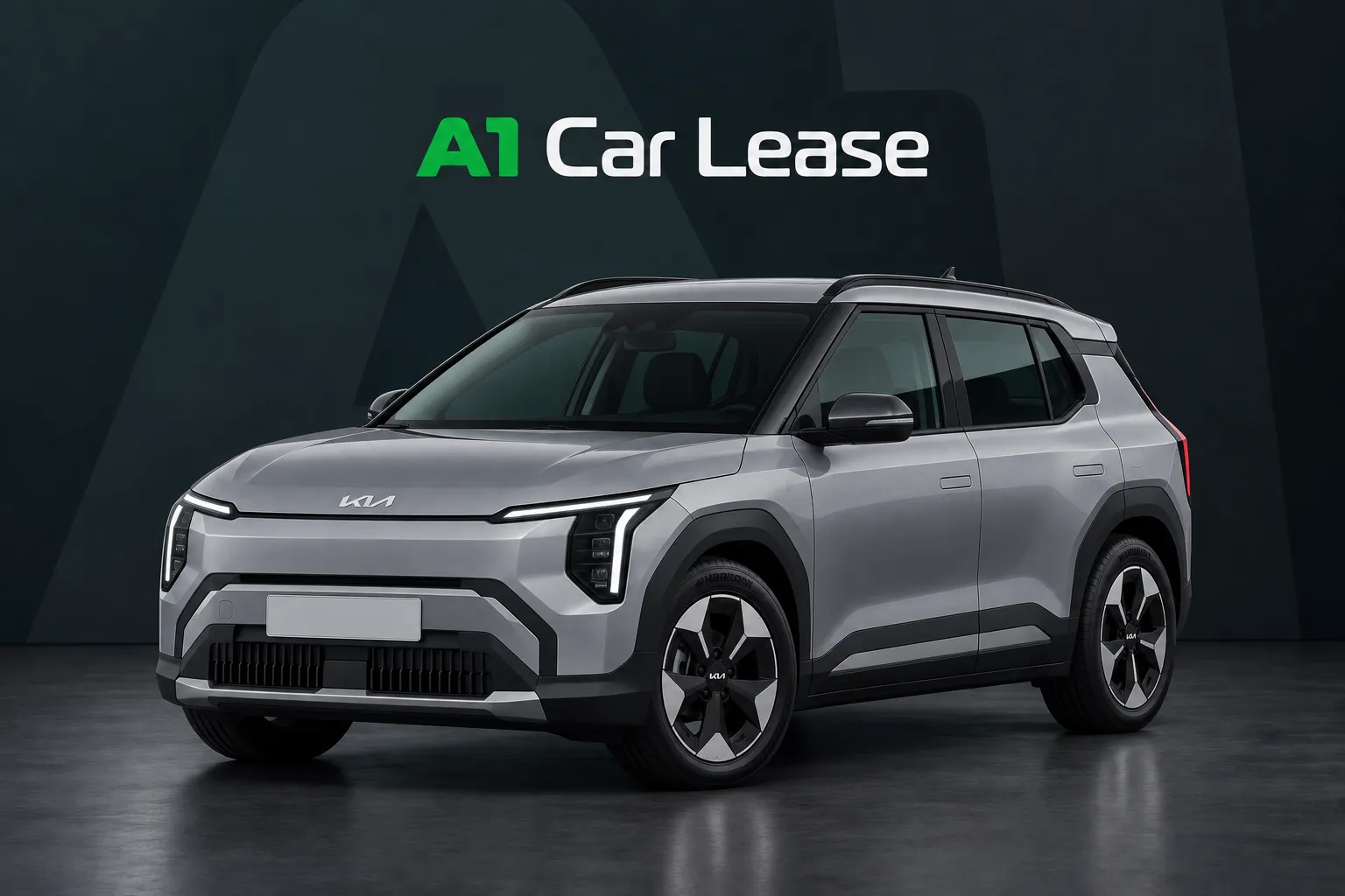 Kia Ev3 58 3 Kwh Air, schuin van voren op A1 Car Lease-achtergrond