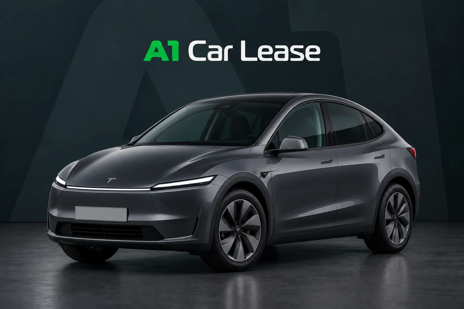Tesla Model Y Achterwielaandrijving, schuin van voren op A1 Car Lease-achtergrond