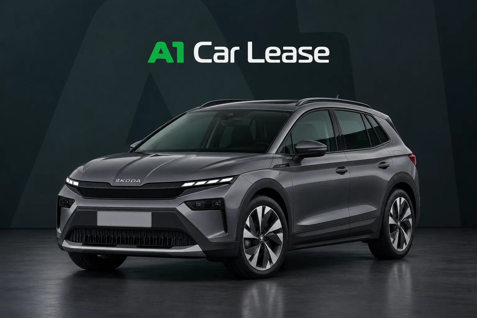 Skoda Elroq 60 Selection, schuin van voren op A1 Car Lease-achtergrond