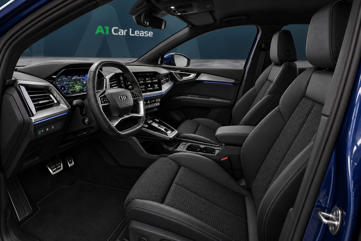 Audi Q4 e-tron 45 quattro S edition Competition Navarrablauw metallic – voorstoelen – AI-catalogusbeeld