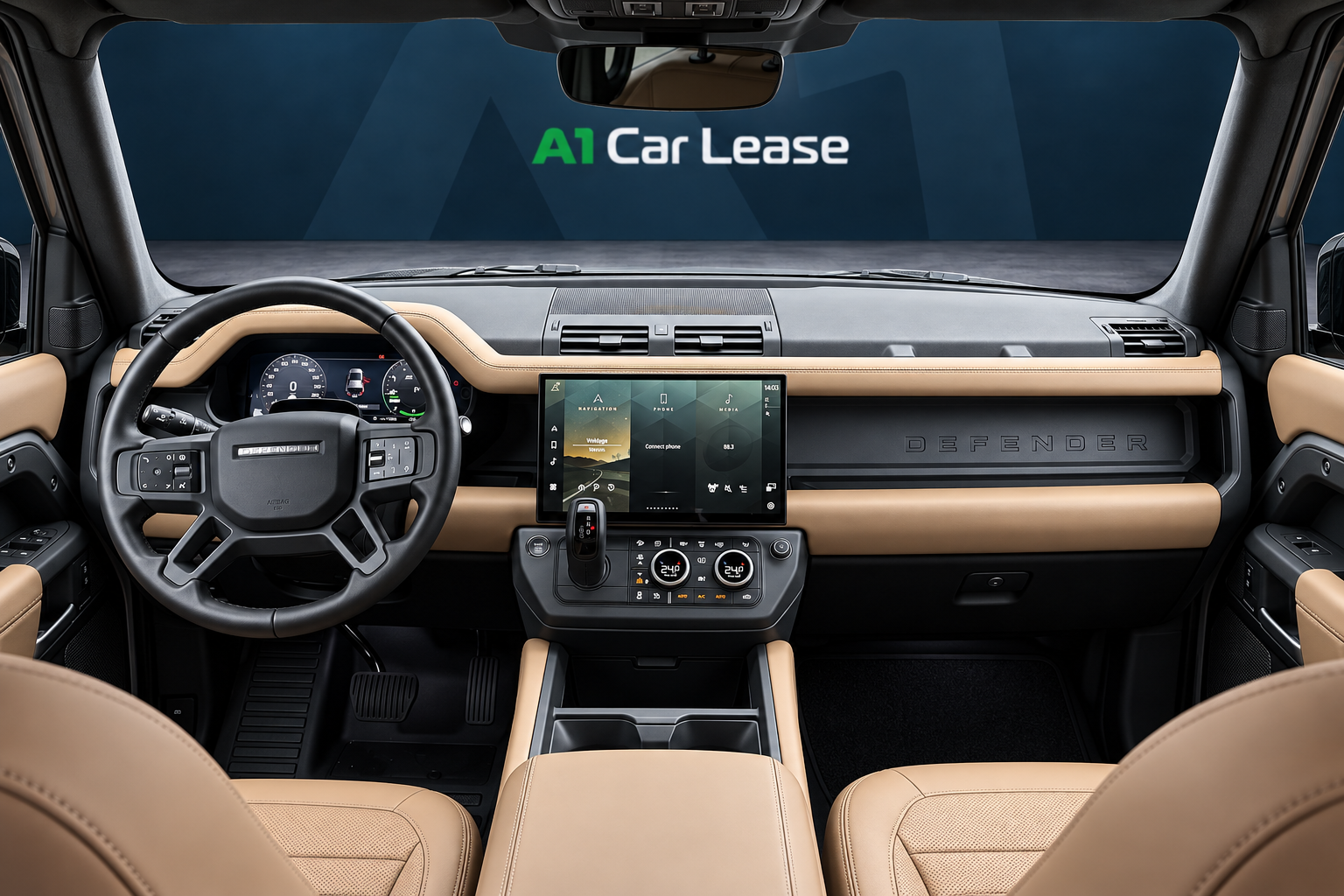 Land Rover Defender 110 P300e X-Dynamic HSE Borasco Grey – dashboard – AI-bewerkte impressie