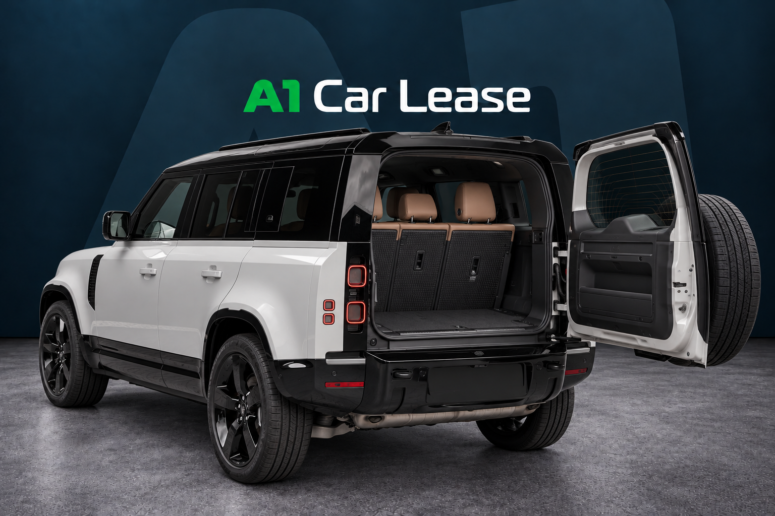 Land Rover Defender 110 P300e X-Dynamic HSE Borasco Grey – kofferbak – AI-bewerkte impressie