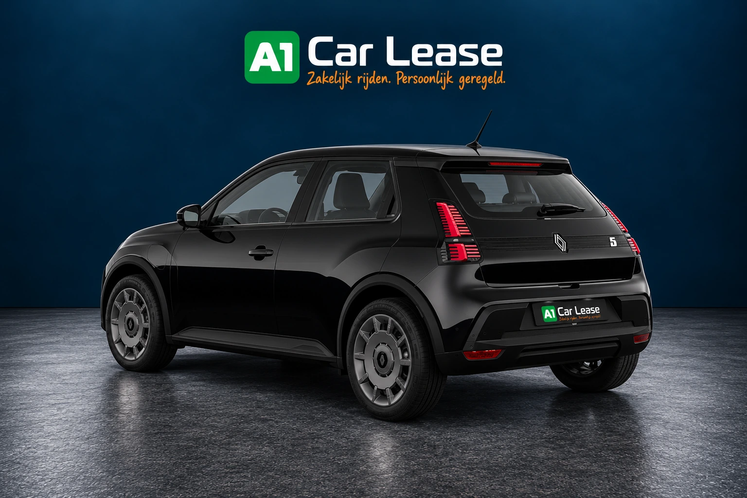 Renault 5 FIVE 95 pk in Noir Étoilé, linksvoor – digitale studio-impressie