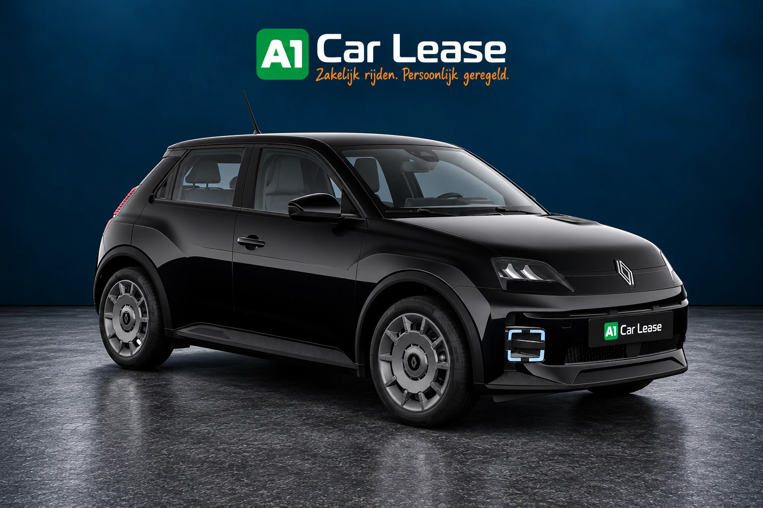 Renault 5 FIVE 95 pk in Noir Étoilé, linksvoor – digitale studio-impressie