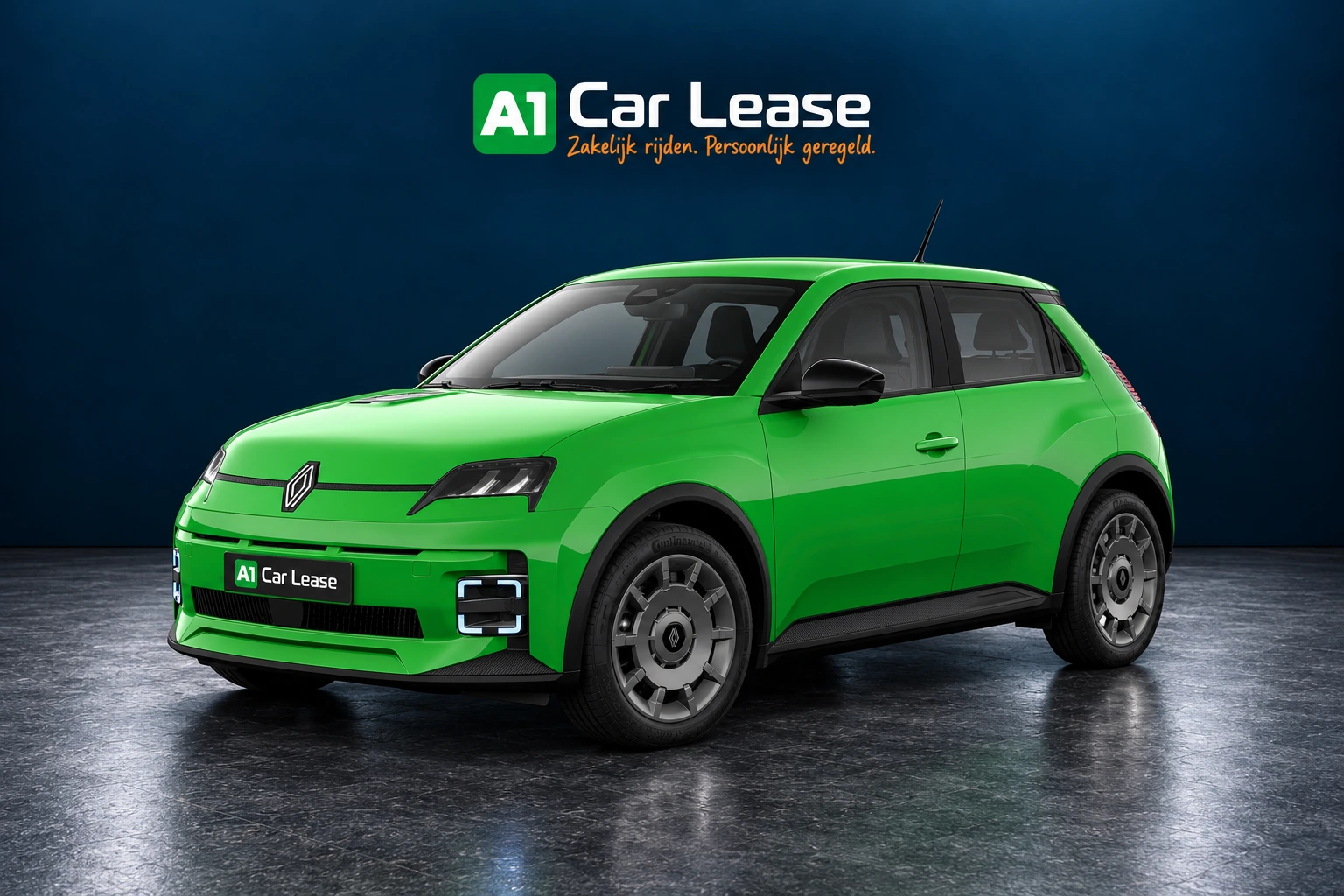 Renault 5 evolution 120 pk in Vert pop!, linksvoor – digitale studio-impressie