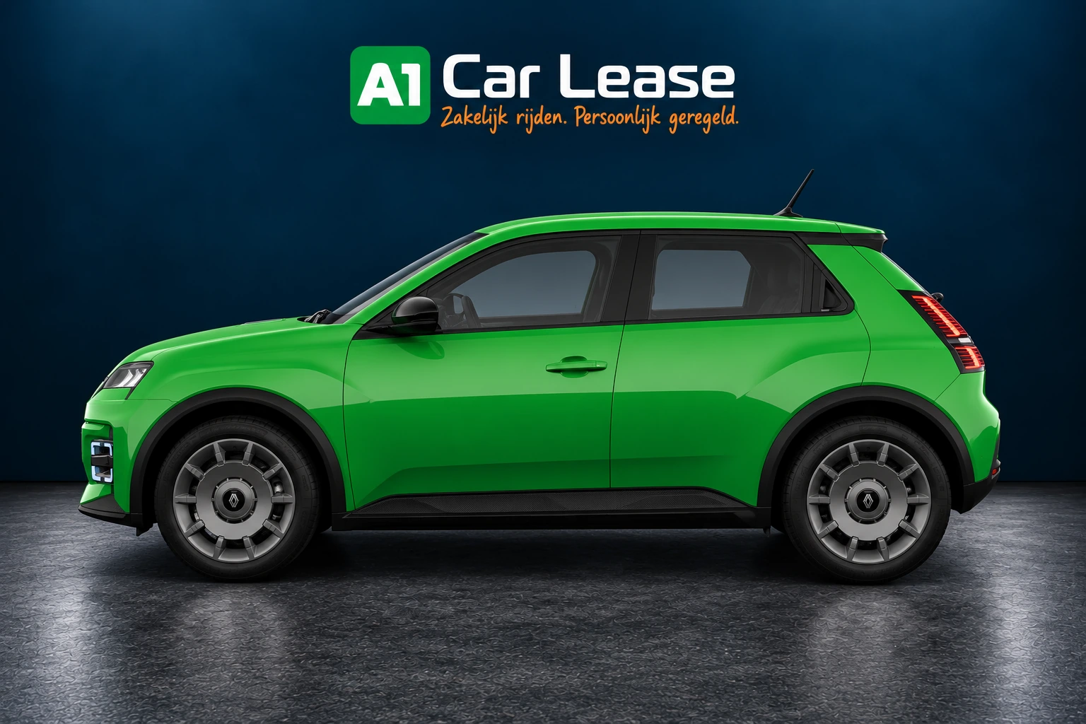 Renault 5 evolution 120 pk in Vert pop!, linksvoor – digitale studio-impressie
