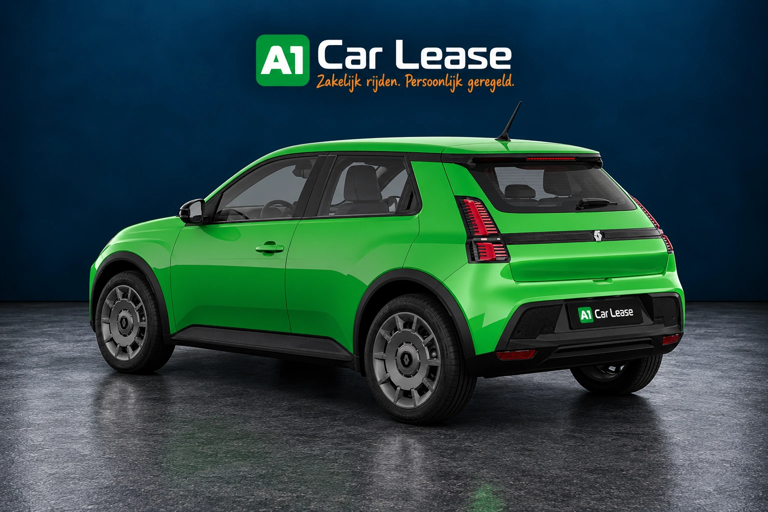 Renault 5 evolution 120 pk in Vert pop!, linksvoor – digitale studio-impressie