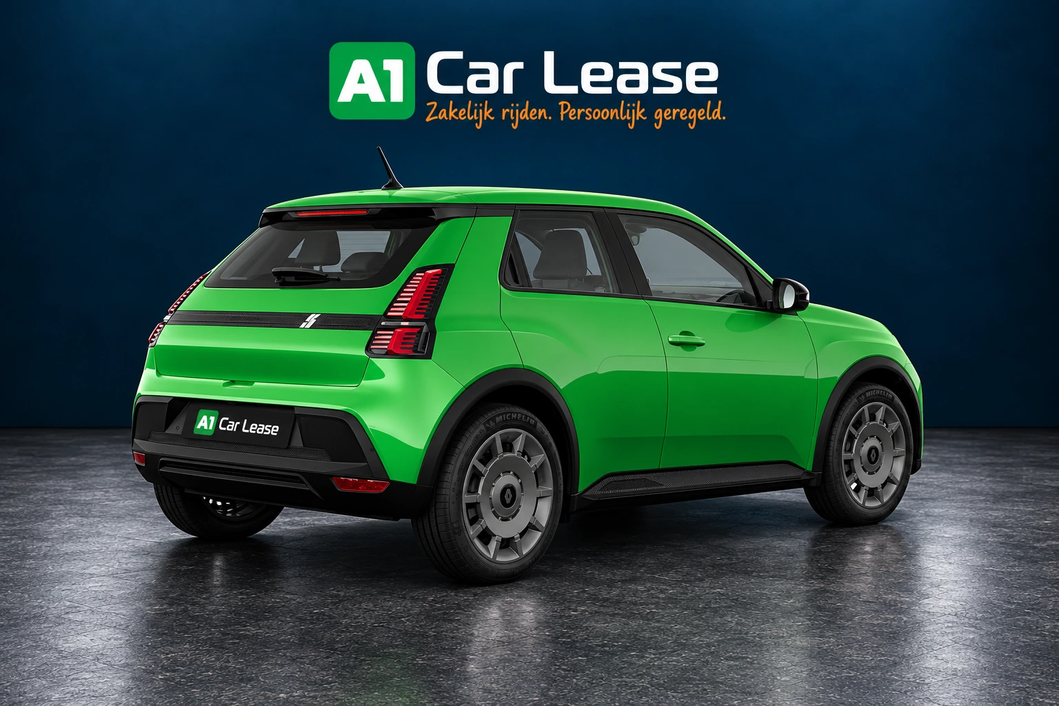 Renault 5 evolution 120 pk in Vert pop!, linksvoor – digitale studio-impressie