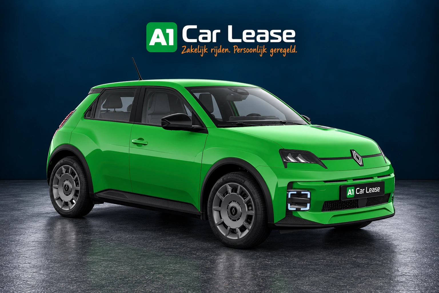 Renault 5 evolution 120 pk in Vert pop!, linksvoor – digitale studio-impressie