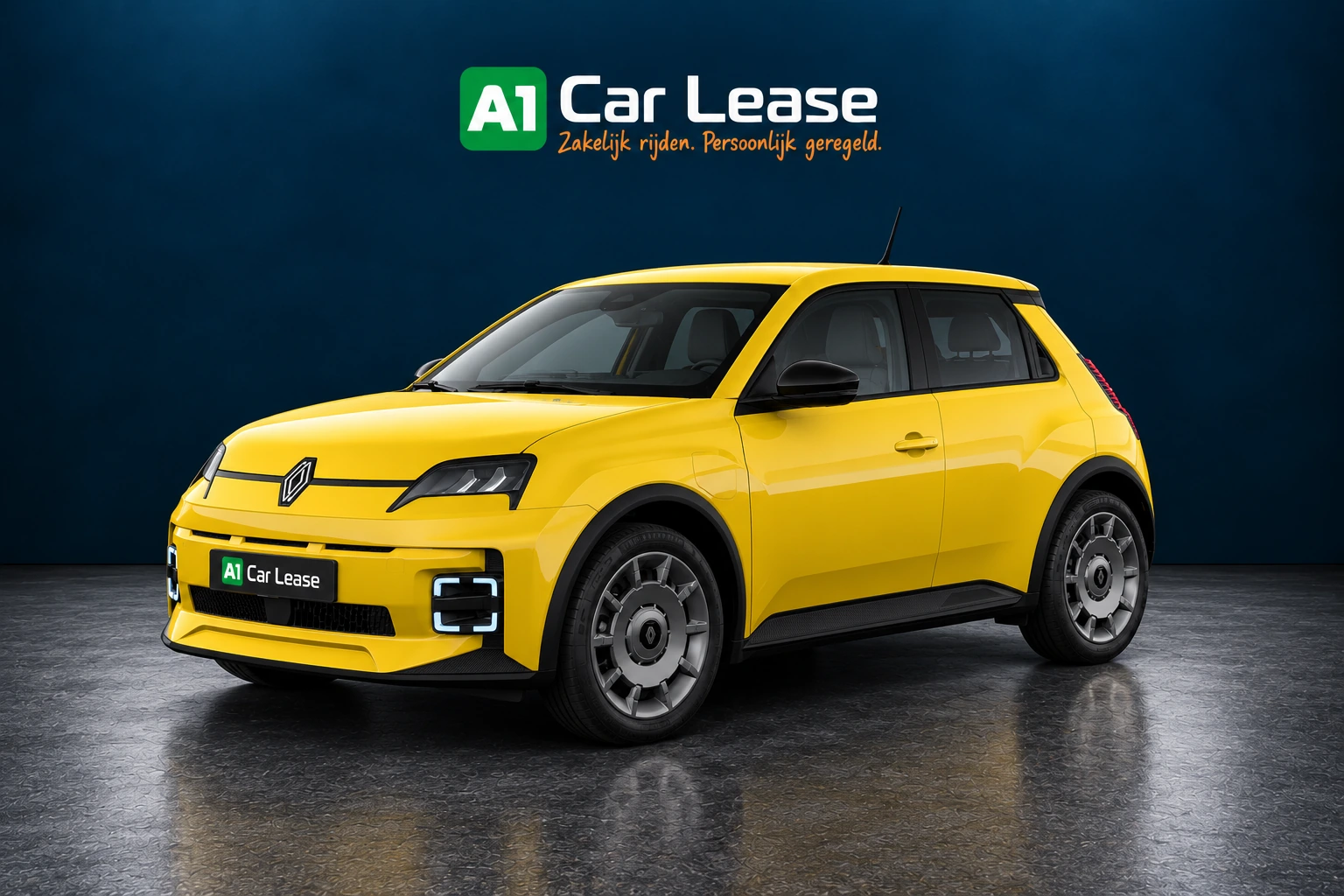 Renault 5 evolution 120 pk in Jaune pop!, linksvoor – digitale studio-impressie
