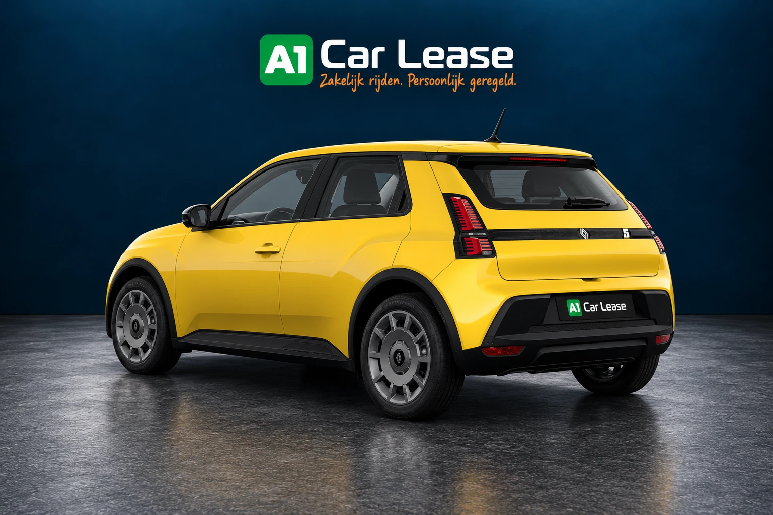 Renault 5 evolution 120 pk in Jaune pop!, linksvoor – digitale studio-impressie